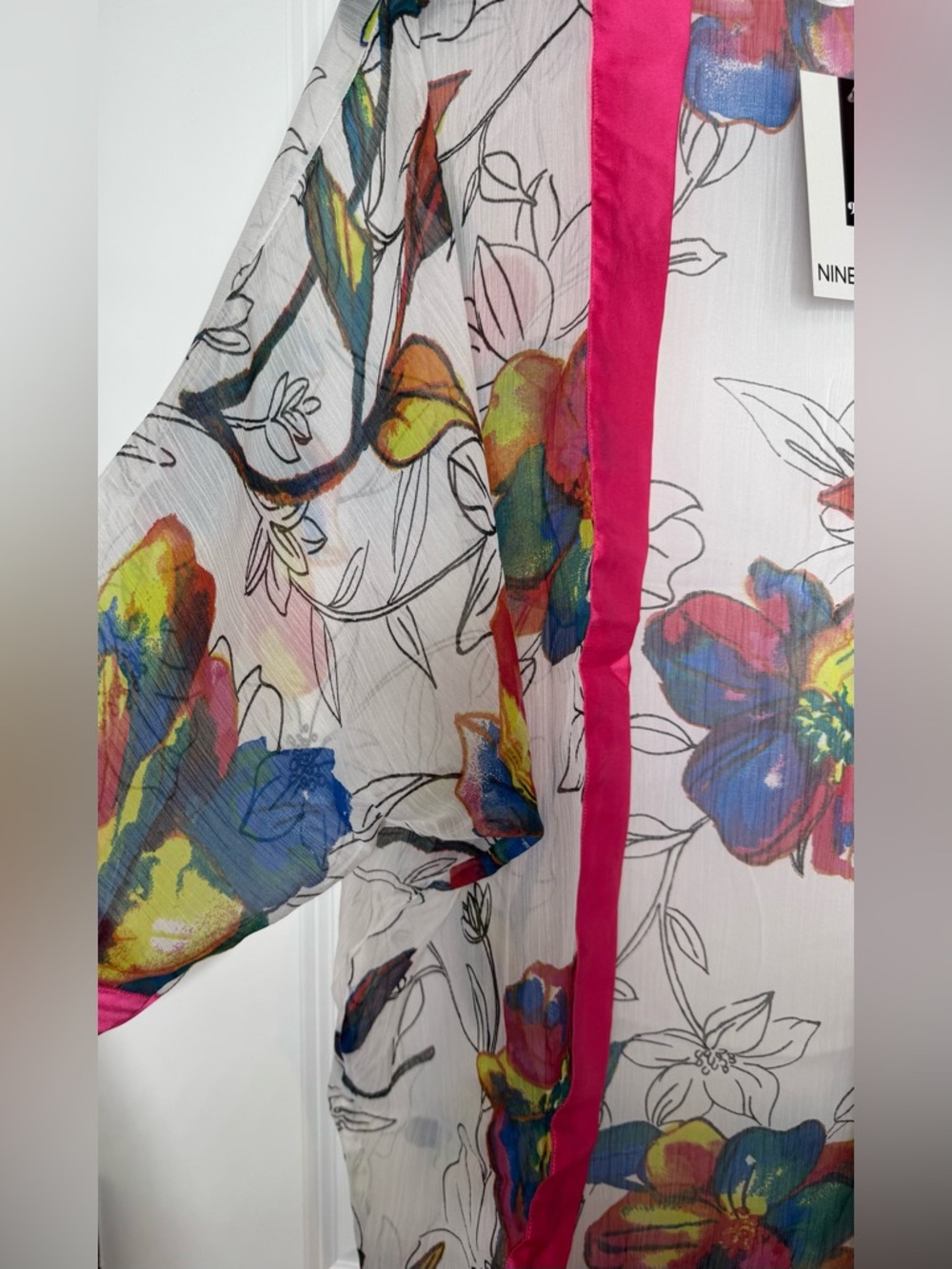 Nine West Multicolor Floral open-front Kimono cardigan w/ satin Accent summer - Picture 2 of 5
